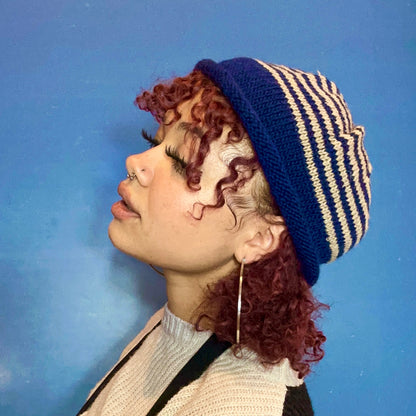 Frizz - Proof Pure Wool Blue & Beige Striped Hat-Accessory-ellënoire body, bath fragrance & curly hair