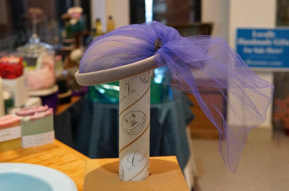 Handmade Pillbox hat with blue tulle-Hats-ellënoire body, bath fragrance & curly hair